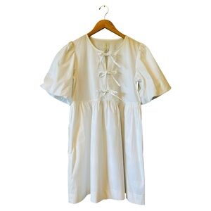 JOIE White Cotton Babydoll Dress Balloon Short Sleeves Small NEW Front Ties